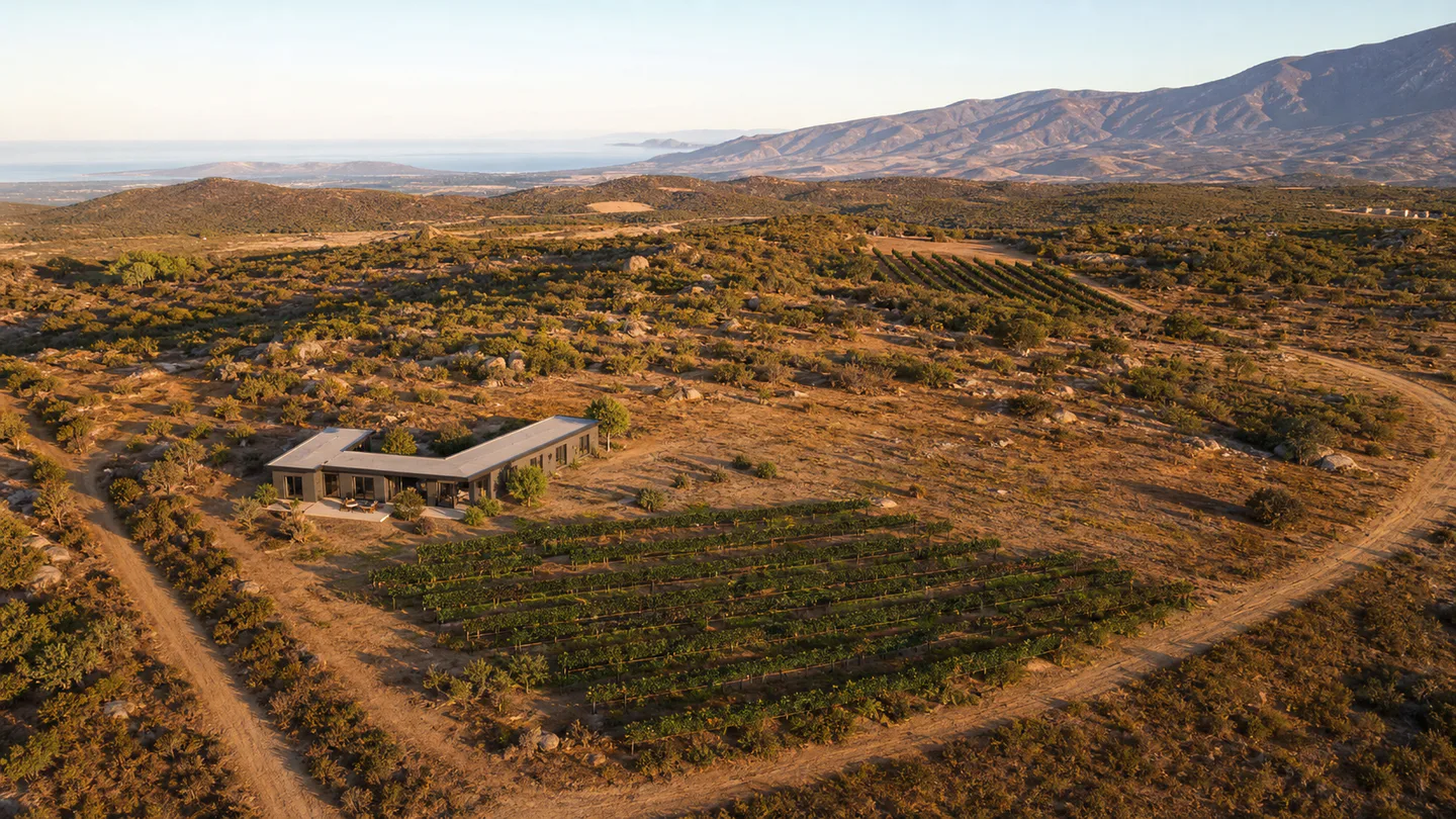 Visual conceptual aéreo de una parcela rural en Baja California